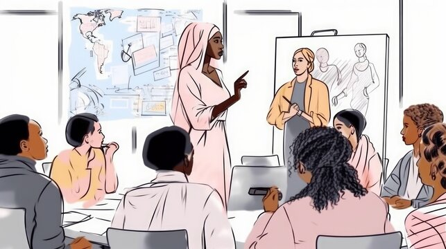 An illustration of women in the workplace in positions of authority working with a diverse group of people. Generative AI.