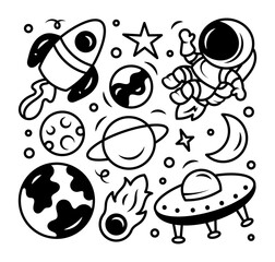 Black and white space doodles. Isolated elements on a white background. Print.