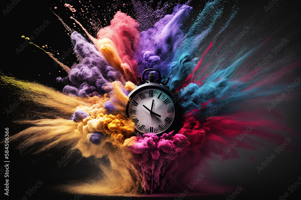 Wall mural clock exploding with colored powder on black background. generative ai.