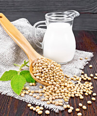 Soybeans in spoon with milk on dark board