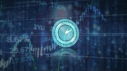 Animation of clock and cardiograph over data processing and stock market - Powered by Adobe