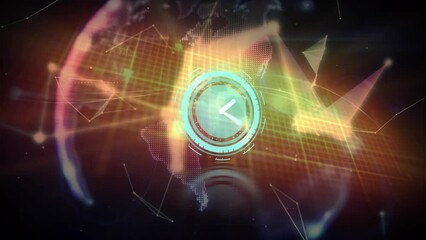 Animation of clock and shapes over globe and cardiograph - Powered by Adobe