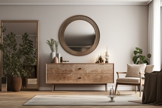 Interior of a modern living room with a dresser and a wall mounted vintage mirror. Generative AI