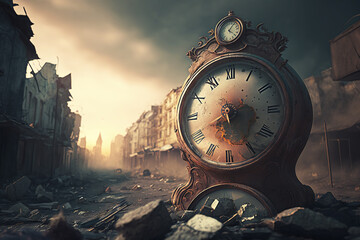 Antique clock in a destroyed city at the end of time. Generative AI. - obrazy, fototapety, plakaty