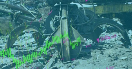 Animation of multiple graphs moving over garbage lifting crane on land at junkyard - Powered by Adobe