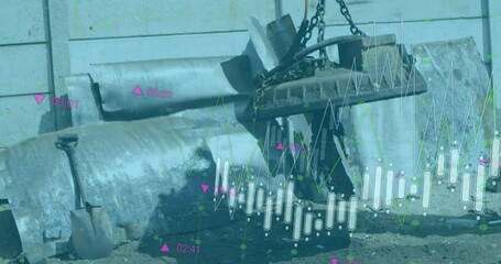 Animation of graphs and numbers moving over magnetic crane against wall at garbage dump - Powered by Adobe