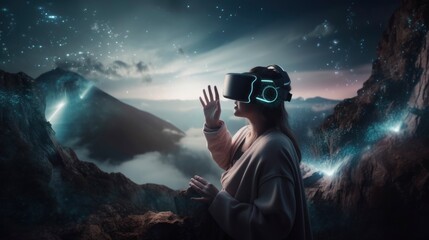 Fototapeta na wymiar Immersed in a Virtual Reality World Girl Wearing VR Headset and Exploring Artificial Environments, network link connection, hands in the air, generative ai