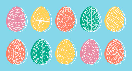 Set of colored Easter eggs isolated on blue background. Vector illustration in line doodle style. Collection of outlined icons with different hand drawn pattern for spring holiday design, banner, card