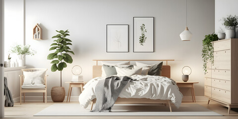 Scandinavian style bedroom mockup. Generative AI