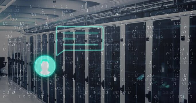 Animation of neon and profile icons against binary coding against computer server room