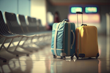 Two suitcases at the airport, with airplane in the background. Waiting to catch a flight. Heavy baggage. Copyspace. Generative AI