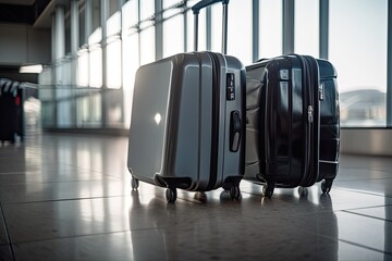 Two suitcases at the airport, with airplane in the background. Waiting to catch a flight. Heavy baggage. Copyspace. Generative AI