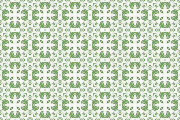 Seamless geometric pattern for wrapping, fabric and ornament. Vector illustration in green color with star , petals, and floral ornament.
