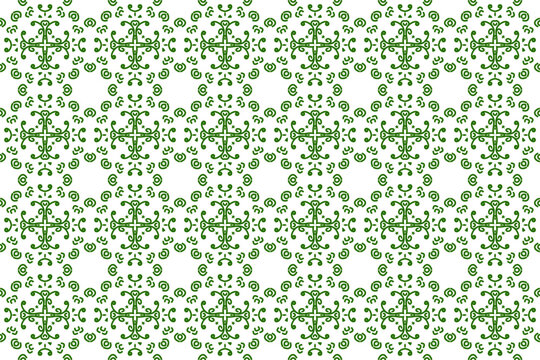 Seamless geometric pattern for wrapping, fabric and ornament. Vector illustration in green color with star , petals, and floral ornament.
