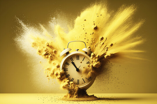 Clock exploding with flying yellow colored powder on dark background. Generative AI.