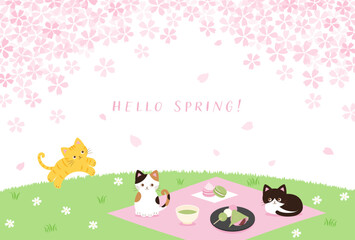 Fototapeta na wymiar spring vector background with cats having a Cherry blossom viewing party on a green field for banners, cards, flyers, social media wallpapers, etc.