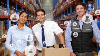 Animation of network of profile icons over team of diverse supervisors smiling at warehouse - Powered by Adobe
