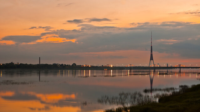 evening landscape, the photo shows a sunset on the Daugava river