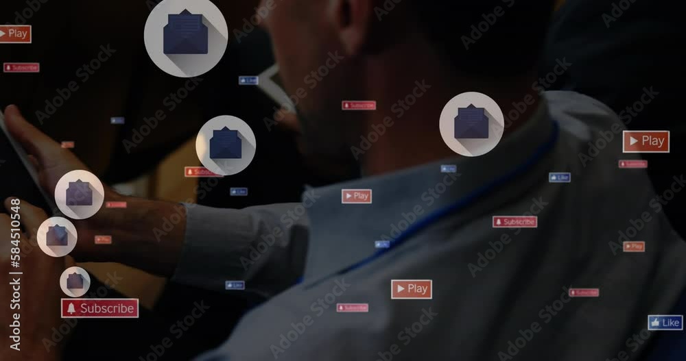 Poster animation of message icons floating against mid section of a man using digital tablet