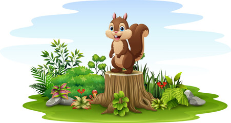 Cartoon happy squirrel standing on tree stump