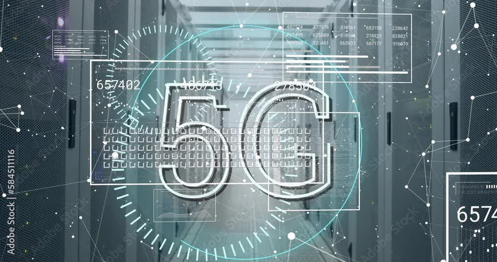 Poster animation of 5g text and data processing over server room
