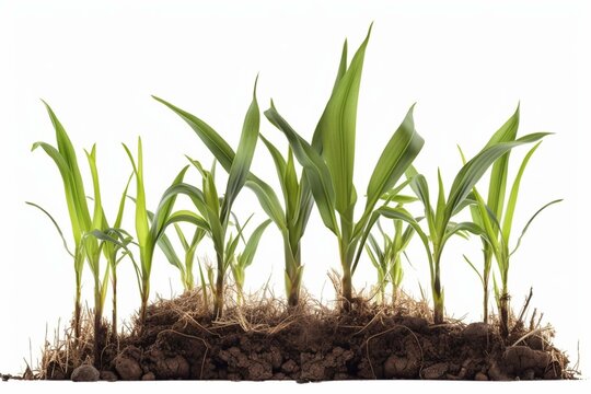 On a white background, corn seedlings grow well in good soil. Generative AI