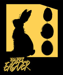 Happy Easter Poster with shadow of a big rabbit and eggs. Elegant Dark Holiday invitation design. Greeting card with black painted bunny.
