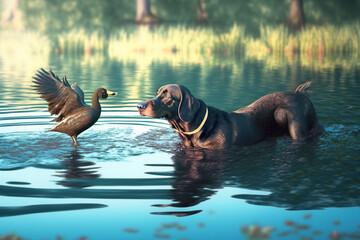 Dog hunting wild duck in a lake, Generative AI