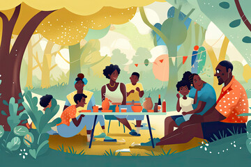 A Black Multigenerational Family and Friends Enjoy a Picnic Together Outside