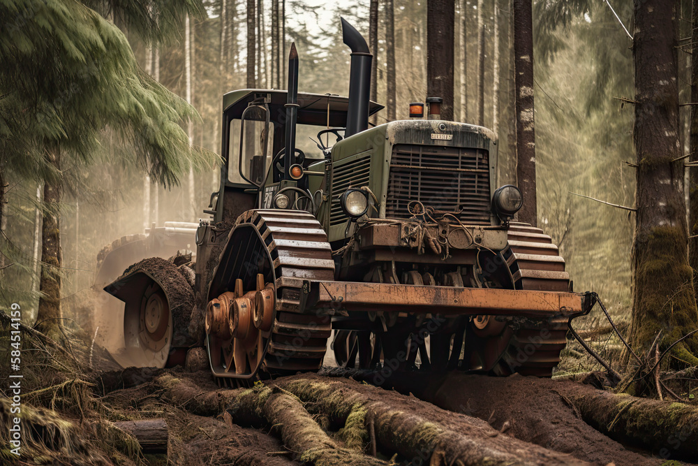 Wall mural cable skidder pulling logs in forest