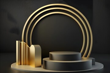Empty Black Podium for product display with verticle abstract golden shapes against elegant black background with circular golden lines on it, Blank podium for product display presentation, generative