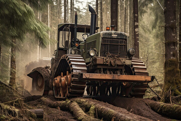 Fototapeta na wymiar Cable skidder pulling logs in forest