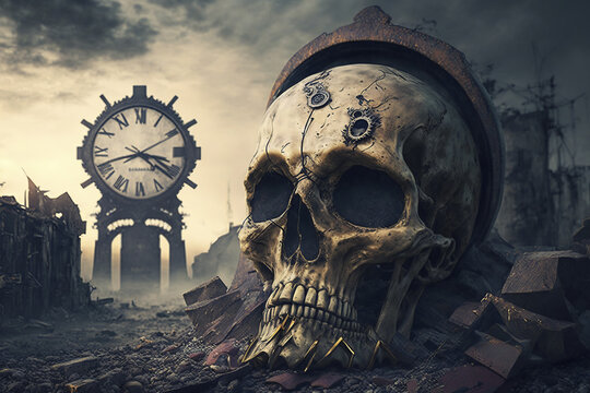 Skull with clock in background in abandoned city. Generative AI.