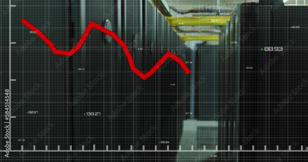 Poster animation of red line and financial data processing over computer servers