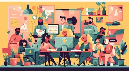 Virtual online conference, zoom. Remote team work on computer, distance business. Laptop on table with people on screen. Freelance workers, web communication. Vector cartoon flat tidy concept
