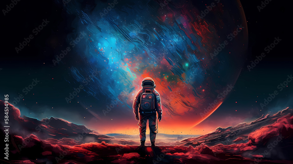 Wall mural astronaut standing on a desolate planet. digital art illustration. generative ai.