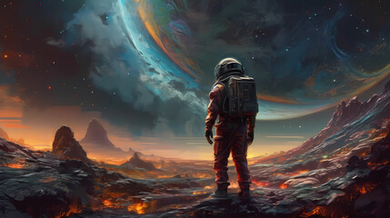 Fototapeta na wymiar An astronaut standing in a new planet. digital art illustration. generative AI.