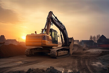 Excavator in construction site on sunset sky