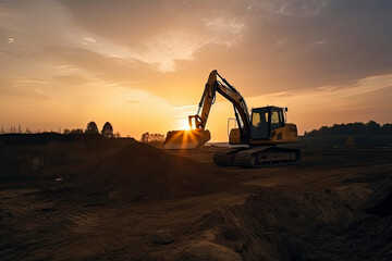 Excavator in construction site on sunset sky
