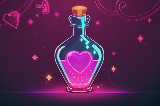 Colorful Love Potion Bottle on Wooden Table, Flying Hearts and Neon Lights,  Generative AI