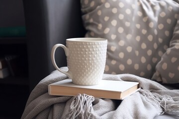 Fototapeta na wymiar Coffee mug and a book on a cozy armchair. Generative AI