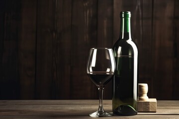 Wine bottle and glasses on a rustic wooden table. Generative AI