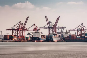 A shipping yard with cranes and cargo ships. Generative AI