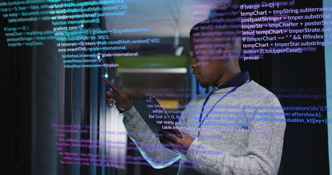 Animation of data processing over african american male engineer using digital tablet at server room