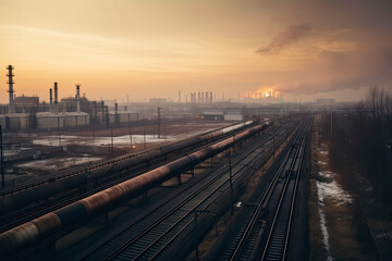 Obraz na płótnie Canvas steel long pipes in crude oil factory during sunset