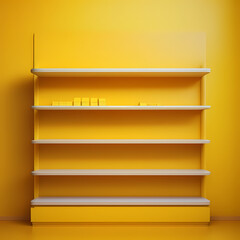 Front view of the empty shelf on vivid yellow wall background with the modern minimal concept. Display of room shelves for showing objects or items for any website