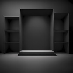 Empty black wall product display space background of 3d room backdrop modern studio minimal dark scene show stage blank floor or luxury presentation showroom concept and elegant shelf banner platform
