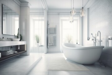 Naklejka na ściany i meble Front view on bright bathroom interior with large bathtub, shower. Generative AI