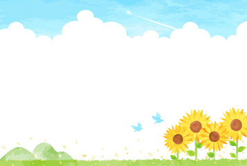 爽やかな青空とヒマワリの風景イラスト