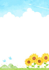 手描きのヒマワリと夏空の風景イラスト